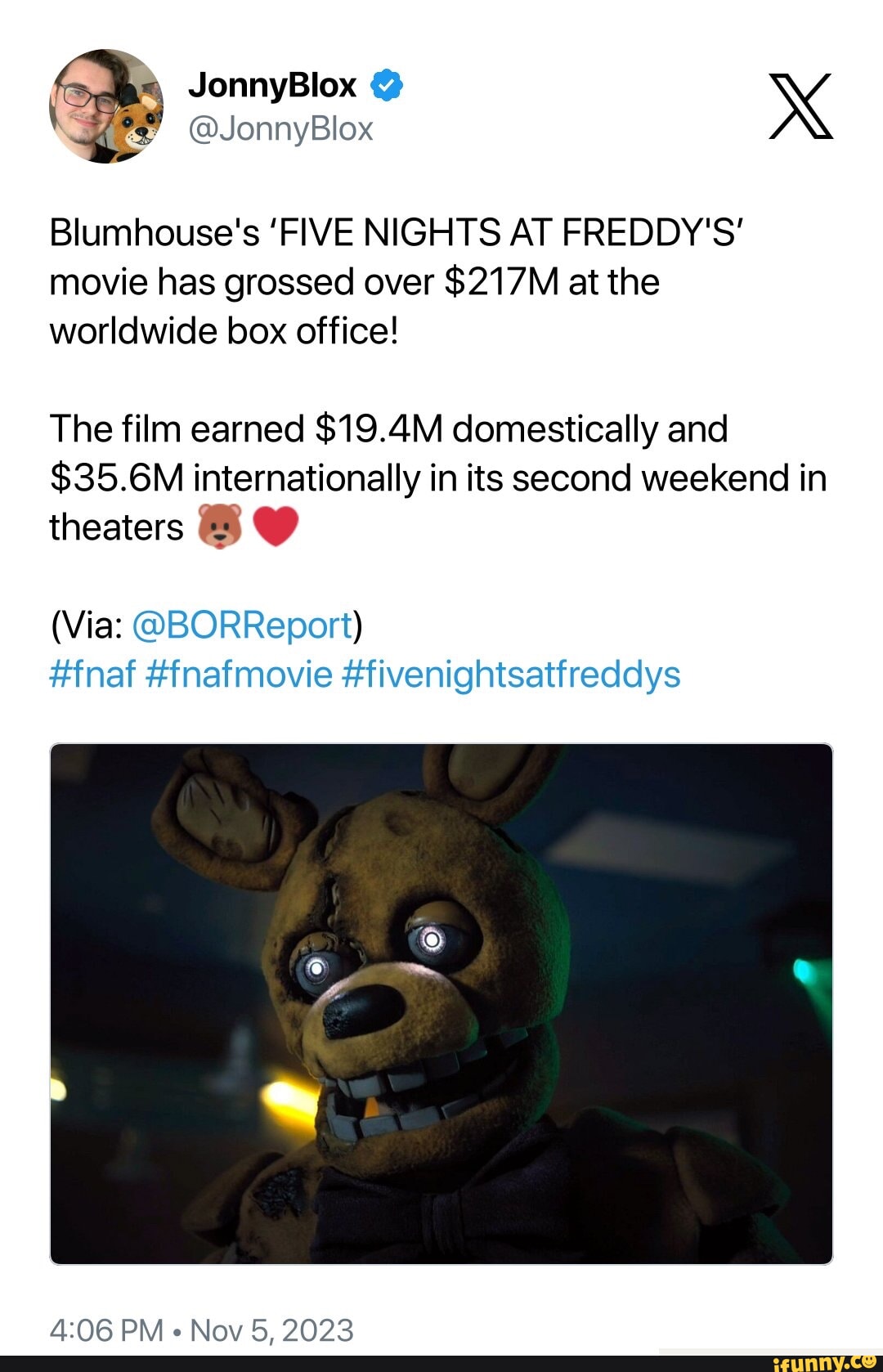 JonnyBlox on X: A standee display for Blumhouse's upcoming 'FIVE NIGHTS AT  FREDDY'S' movie as featured in a Cinemark Theater! 👀🐻 #fnaf #fnafmovie  #fivenightsatfreddys  / X