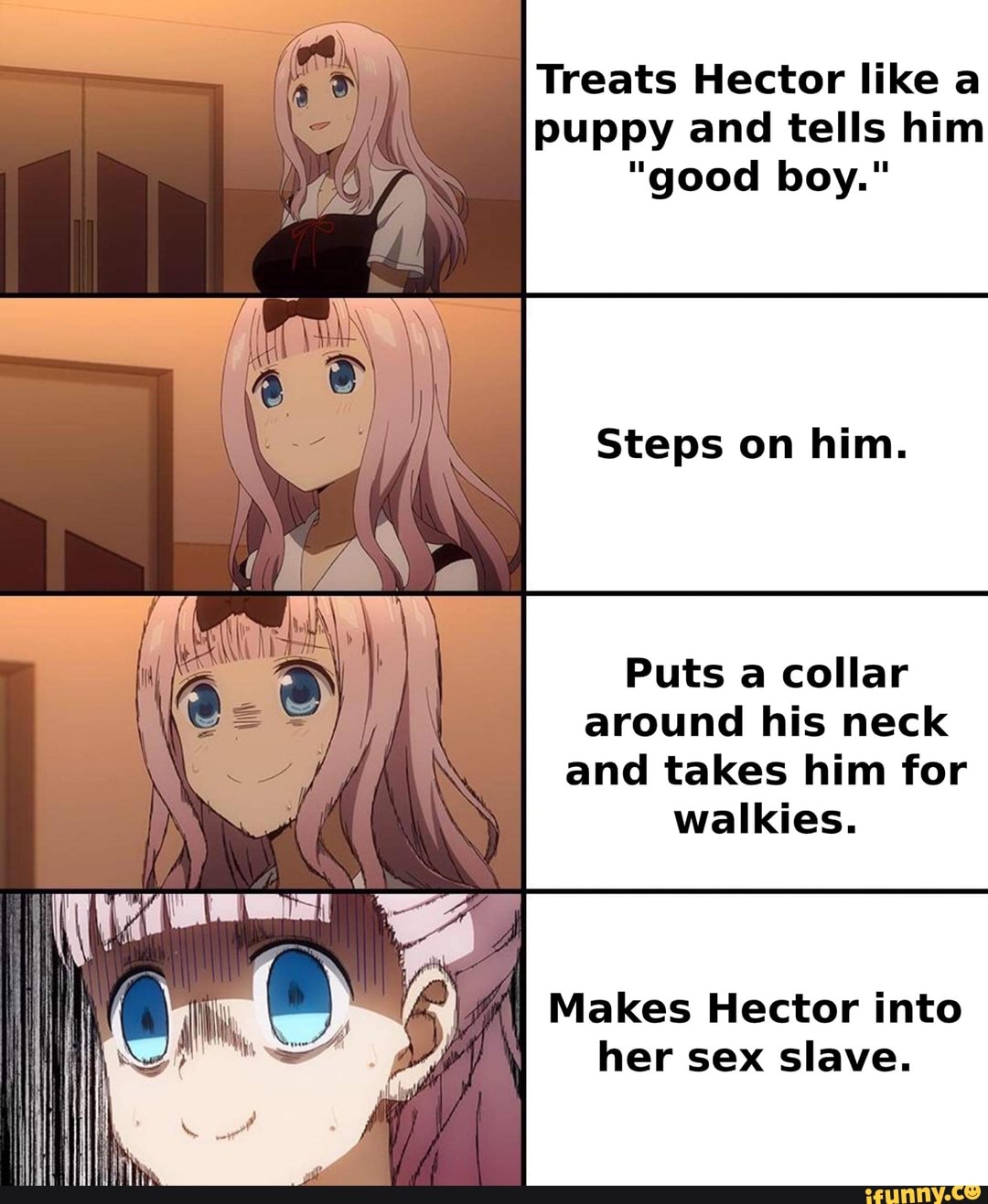 Treats Hector like a puppy and tells him 