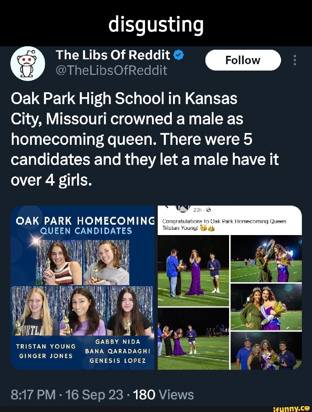 Disgusting Follow The Libs Of Reddit @ @TheLibsOfReddit Oak Park High  School in Kansas City, Missouri crowned