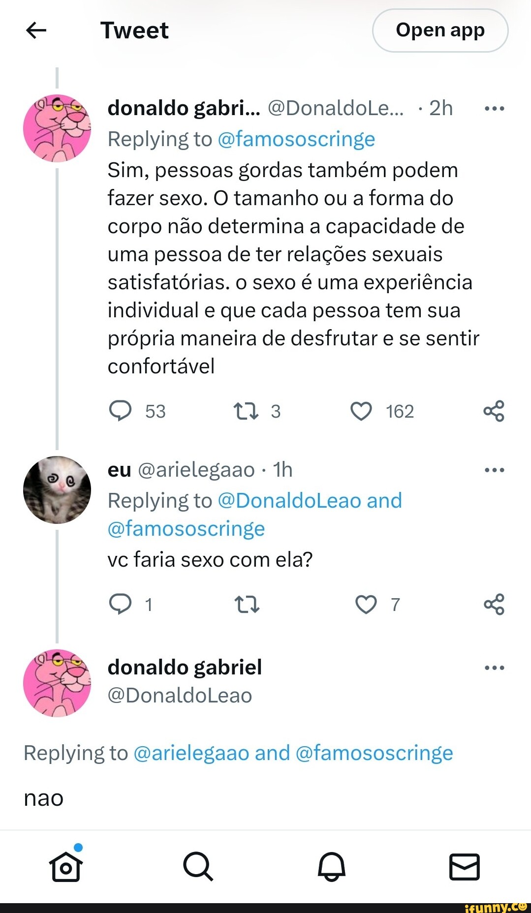 Es Open app donaldo gabri... ODonaldoLe... Replying to Qfamososcringe Sim,  pessoas gordas também podem fazer sexo.