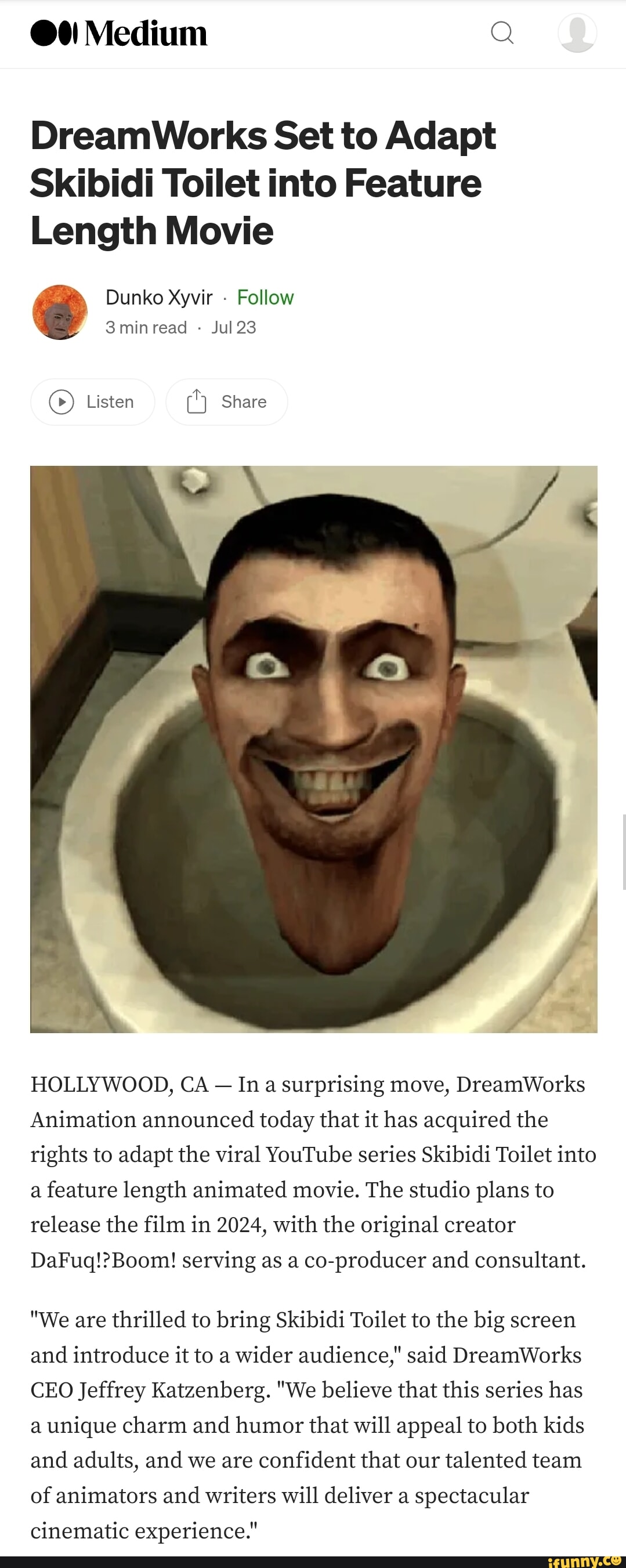 Medium Q DreamWorks Set to Adapt Skibidi Toilet into Feature Length Movie  Dunko Xyvir - Follow 3minread