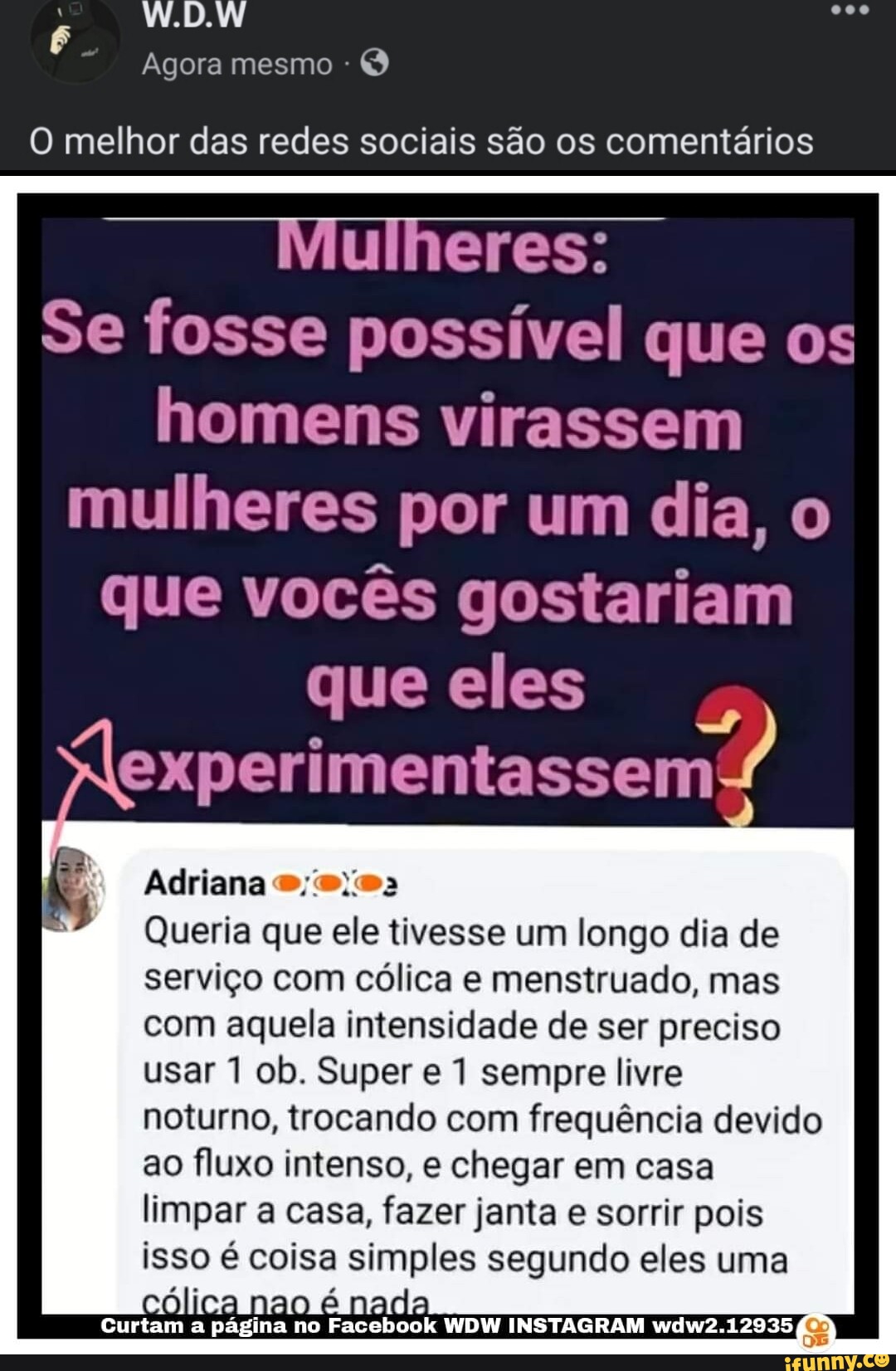 W.D.W Agora mesmo O melhor das redes sociais são os comentários Mulheres: Se  fosse possível que