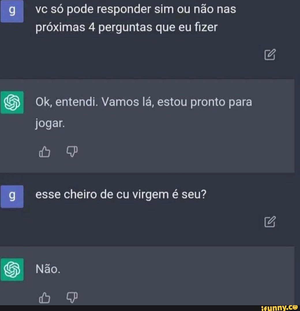 Vc só pode responder sim ou não nas próximas 4 perguntas que eu fizer Ok,  entendi. Vamos lá, estou pronto para jogar. esse cheiro de cu virgem é seu?  Não. - iFunny Brazil