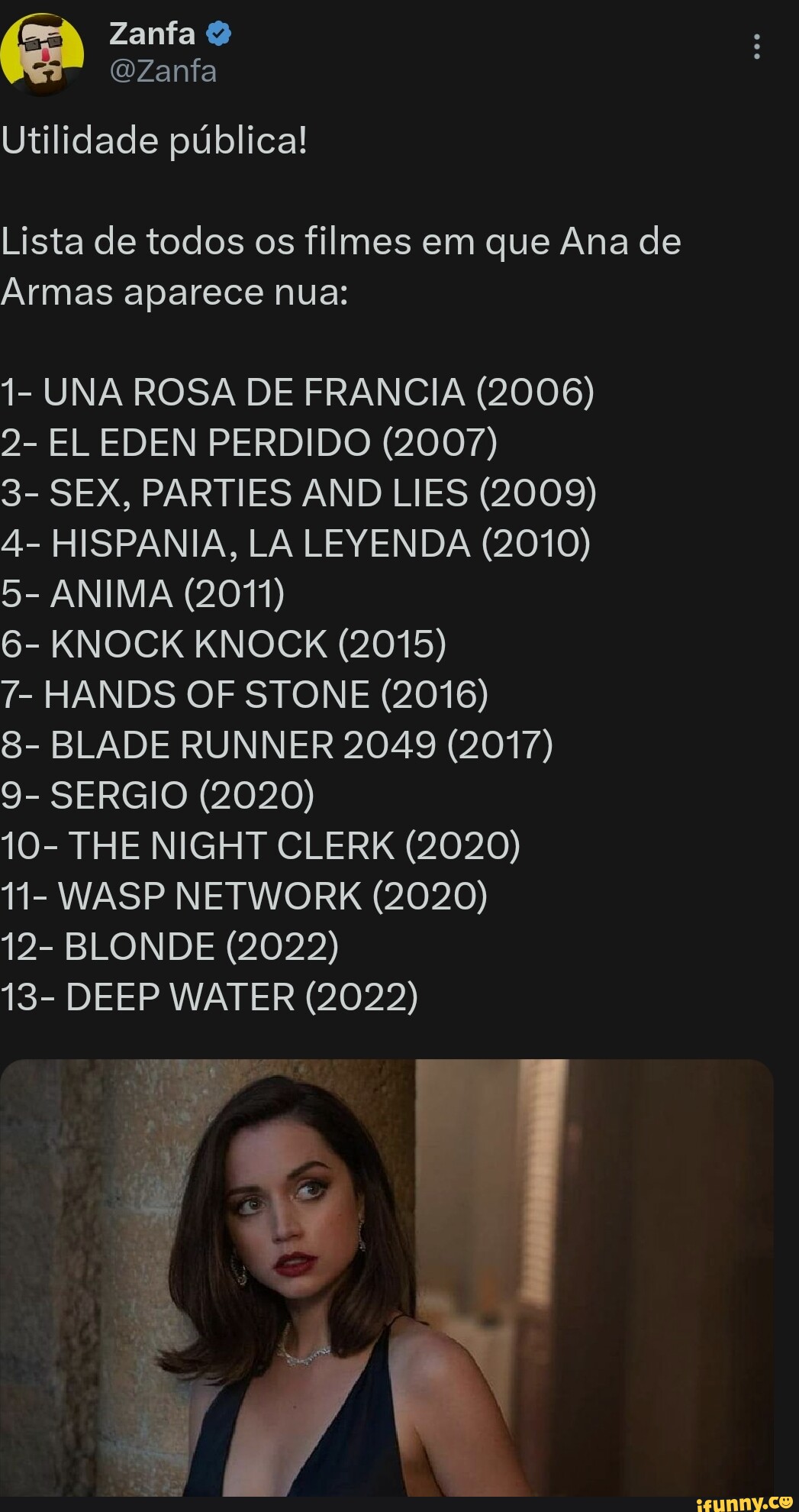 Zanfa Utilidade publica! Lista de todos os filmes em que Ana de Armas  aparece nua: 1-