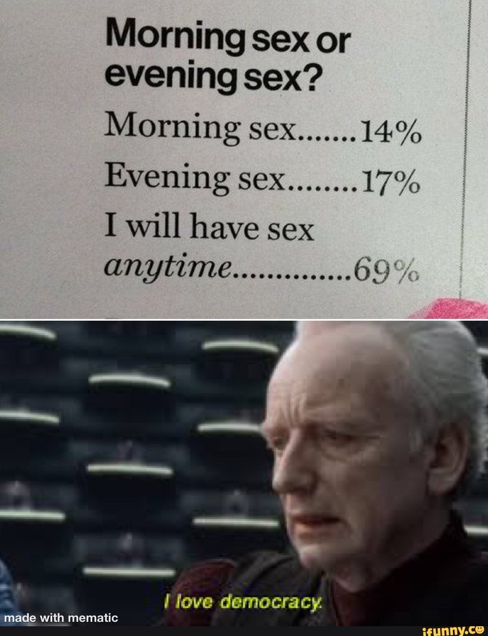 Morning sex or I evening sex? Morning sex.......14% Evening sex........ 17%  I will have sex 69% love democracy - iFunny Brazil