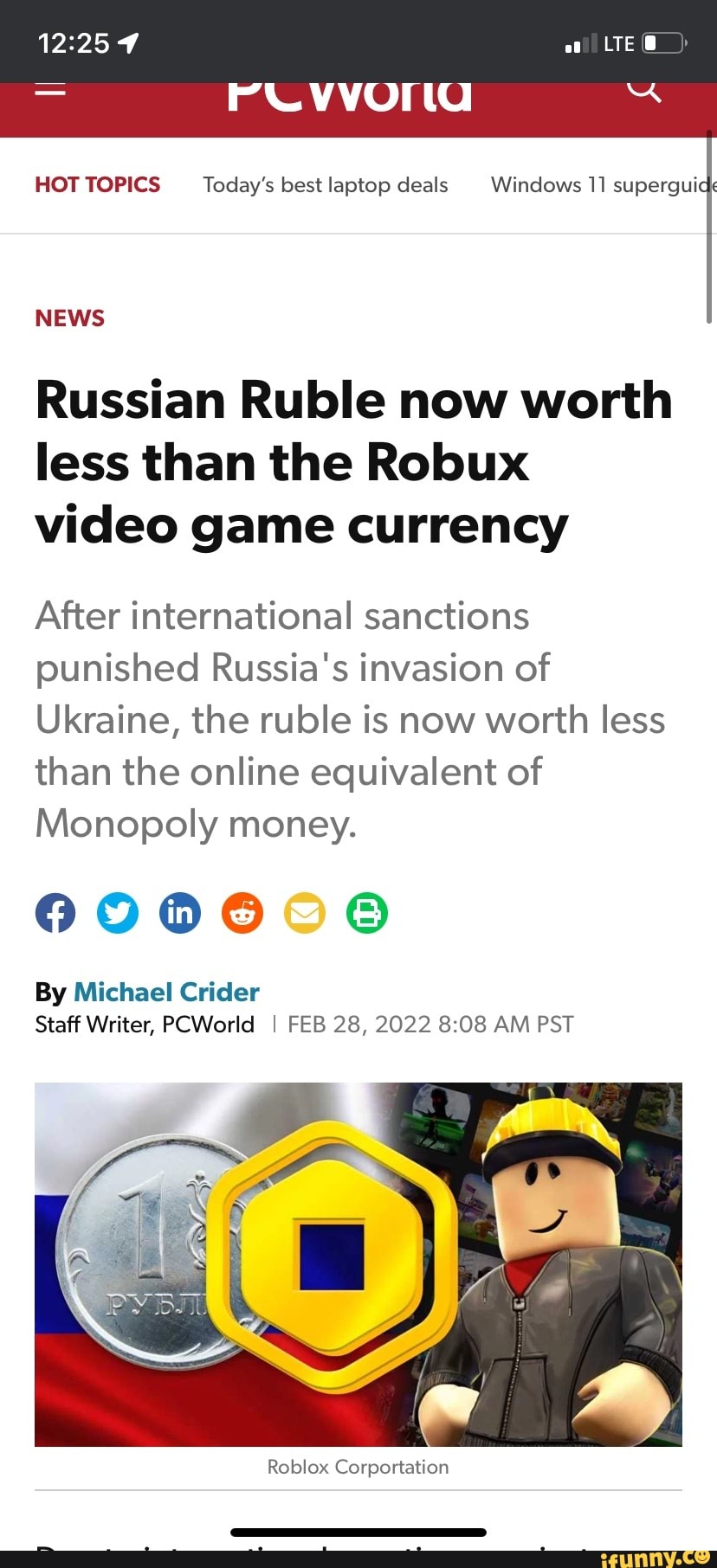 Russian Ruble now worth less than the Robux video game currency