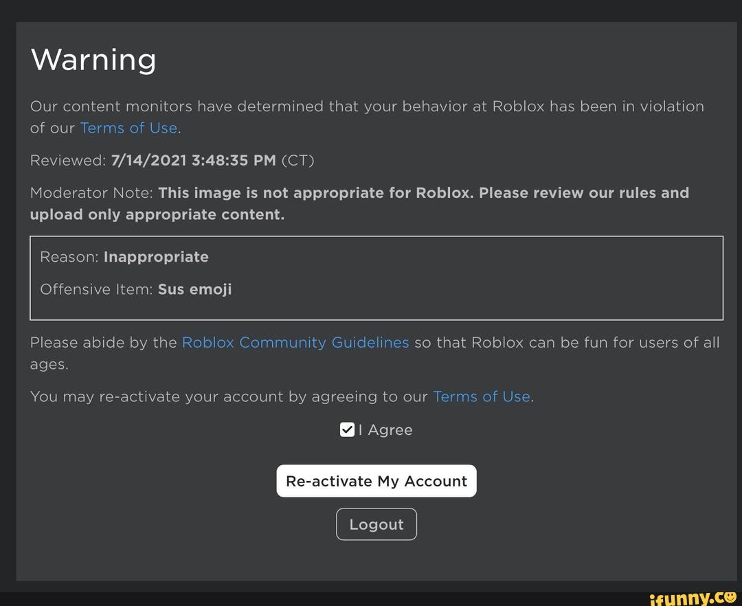 Warning Our content monitors have determined that your behavior at Roblox  has been in violation of