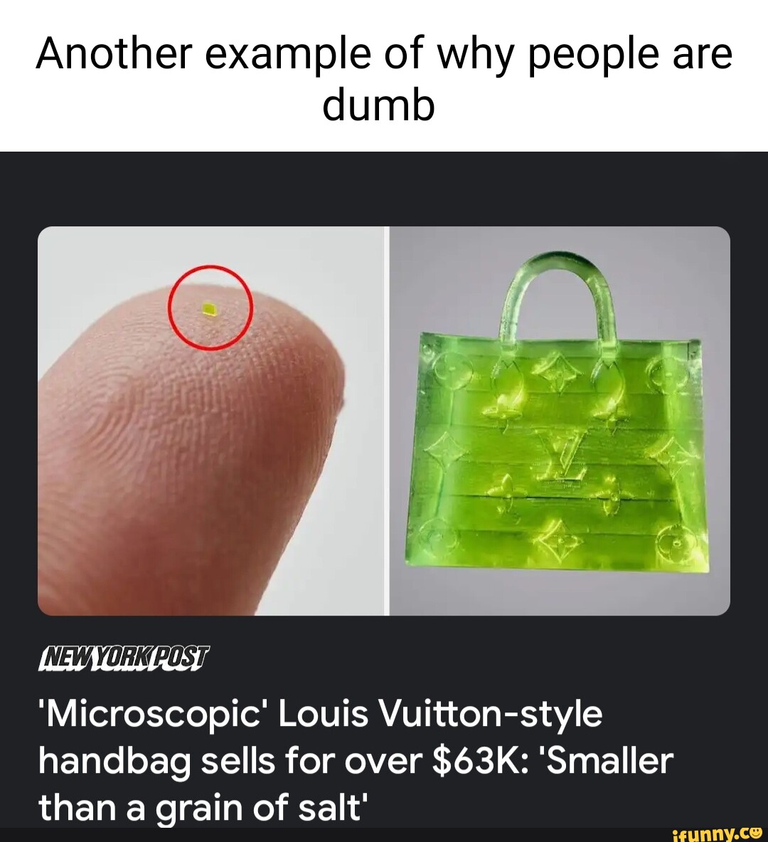 Microscopic Louis Vuitton knockoff bag, 'smaller than a grain of