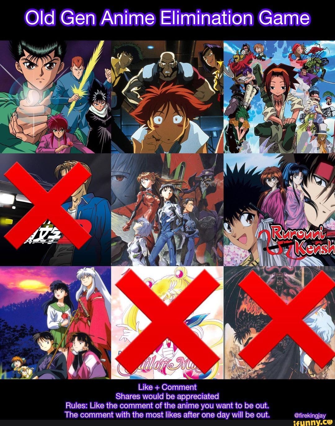 Old Gen Anime Elimination Game Like + Comment Shares would be appreciated  Rules: Like the comment of the anime you want to be out. - iFunny Brazil