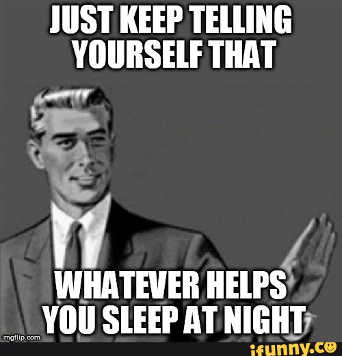 JUST KEEP TELLING YOURSELF THAT WHATEVER HELPS YOU SLEEP AT NIGHT - iFunny  Brazil