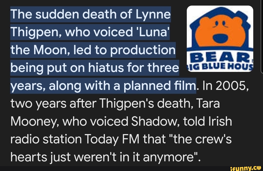 The sudden death of Lynne Thigpen, who voiced Luna the Moon, led to ...