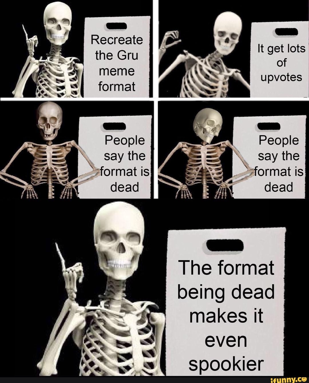 An Recreate the Gru meme format People say the is dead It get lots