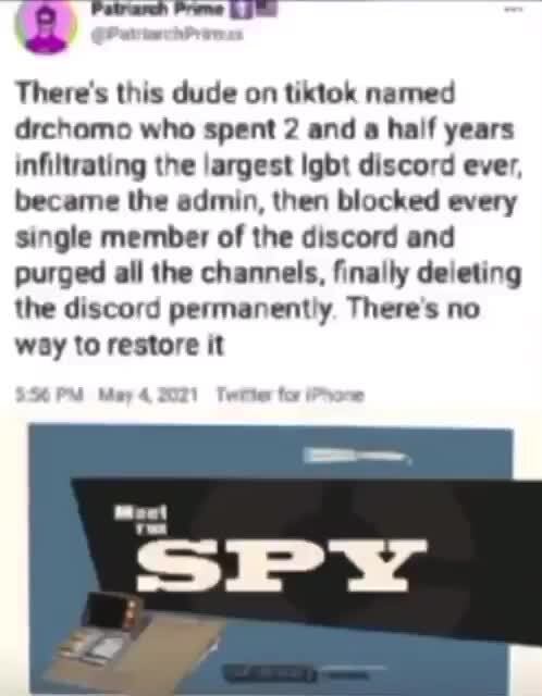 Theoe's. this dude on tiktok named drchamo who spent 2 and a half years  infiltrating the largest Igbt discord ever, became the admin, then blocked  every single member of the discord and