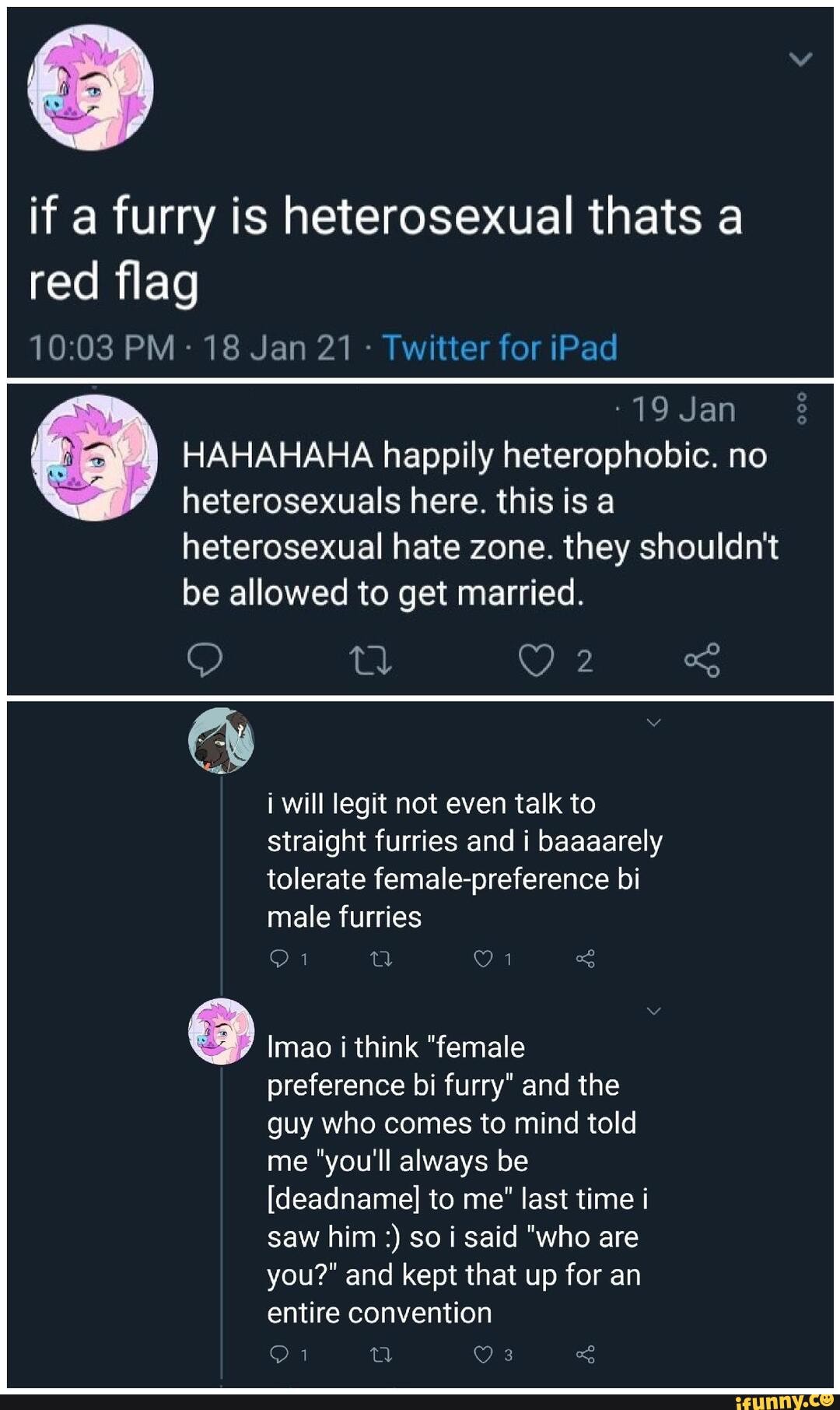 If a furry is heterosexual thats a red flag PM 18 Jan 21 - Twitter for iPad