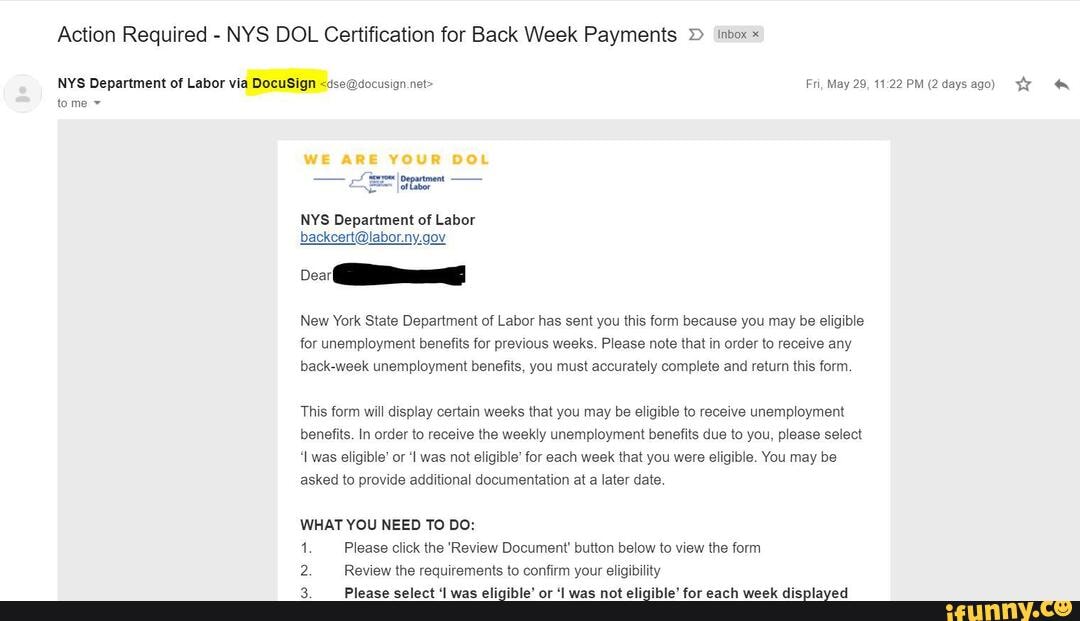 Action Required NYS DOL Certification for Back Week Payments !nbox