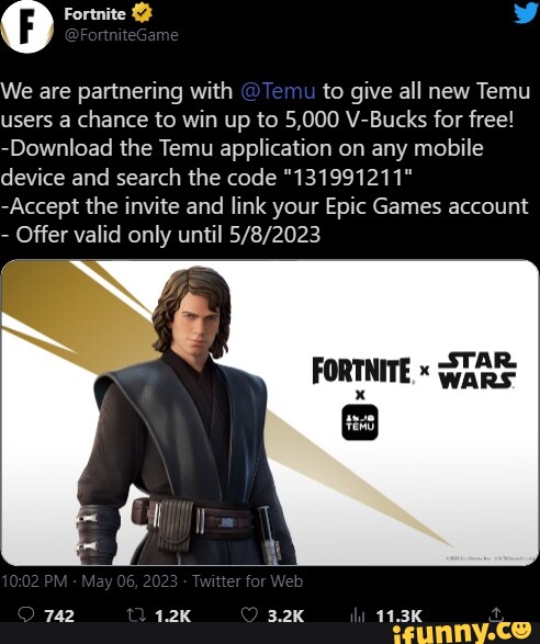 Fortnite fe are partnering with @Temu to give all new Temu users a