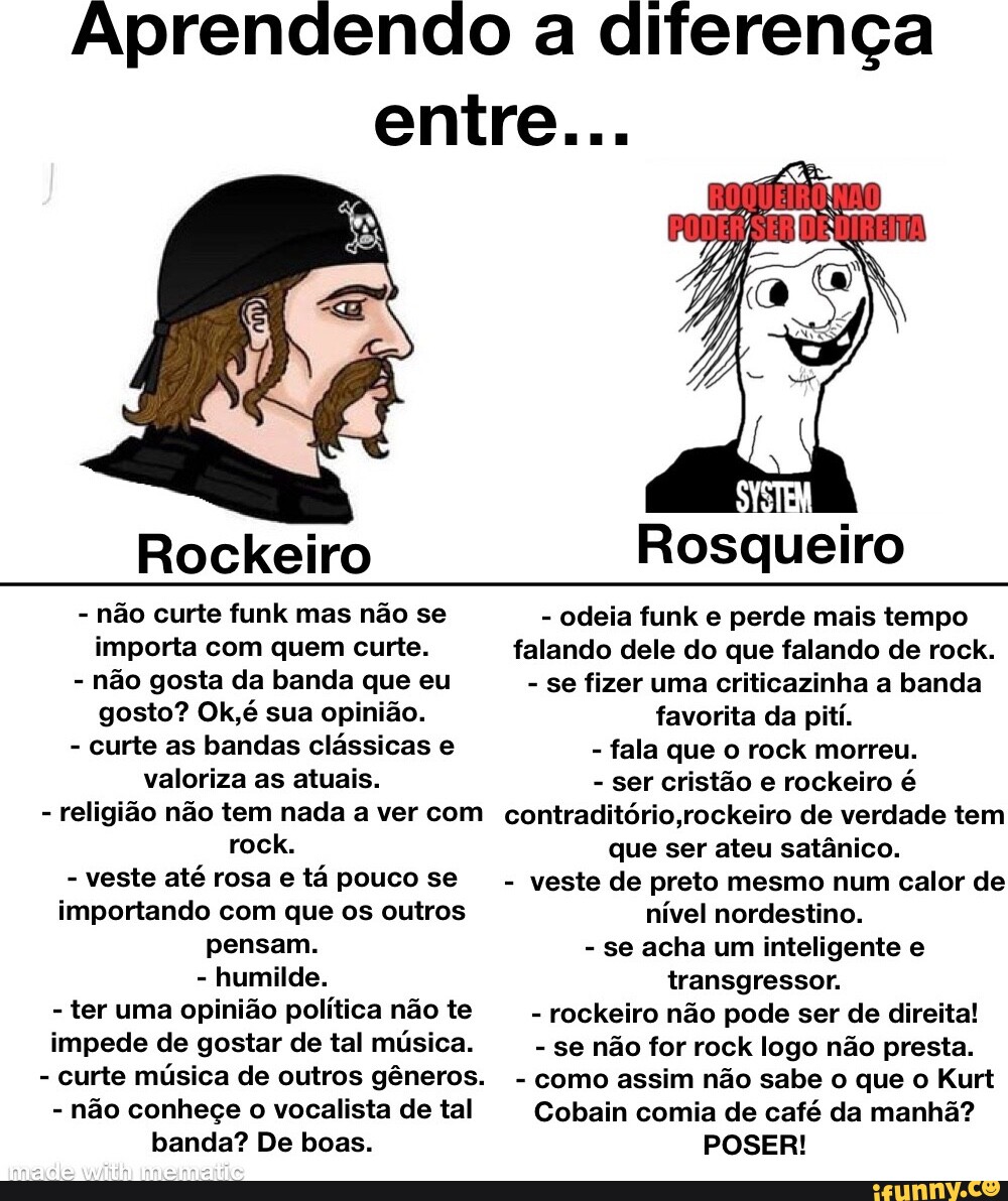 Aprendendo a diferença entre Rockeiro Rosqueiro - não curte funk mas não  se - odeia funk e perde mais tempo importa com quem curte. falando dele do  que falando de rock. 