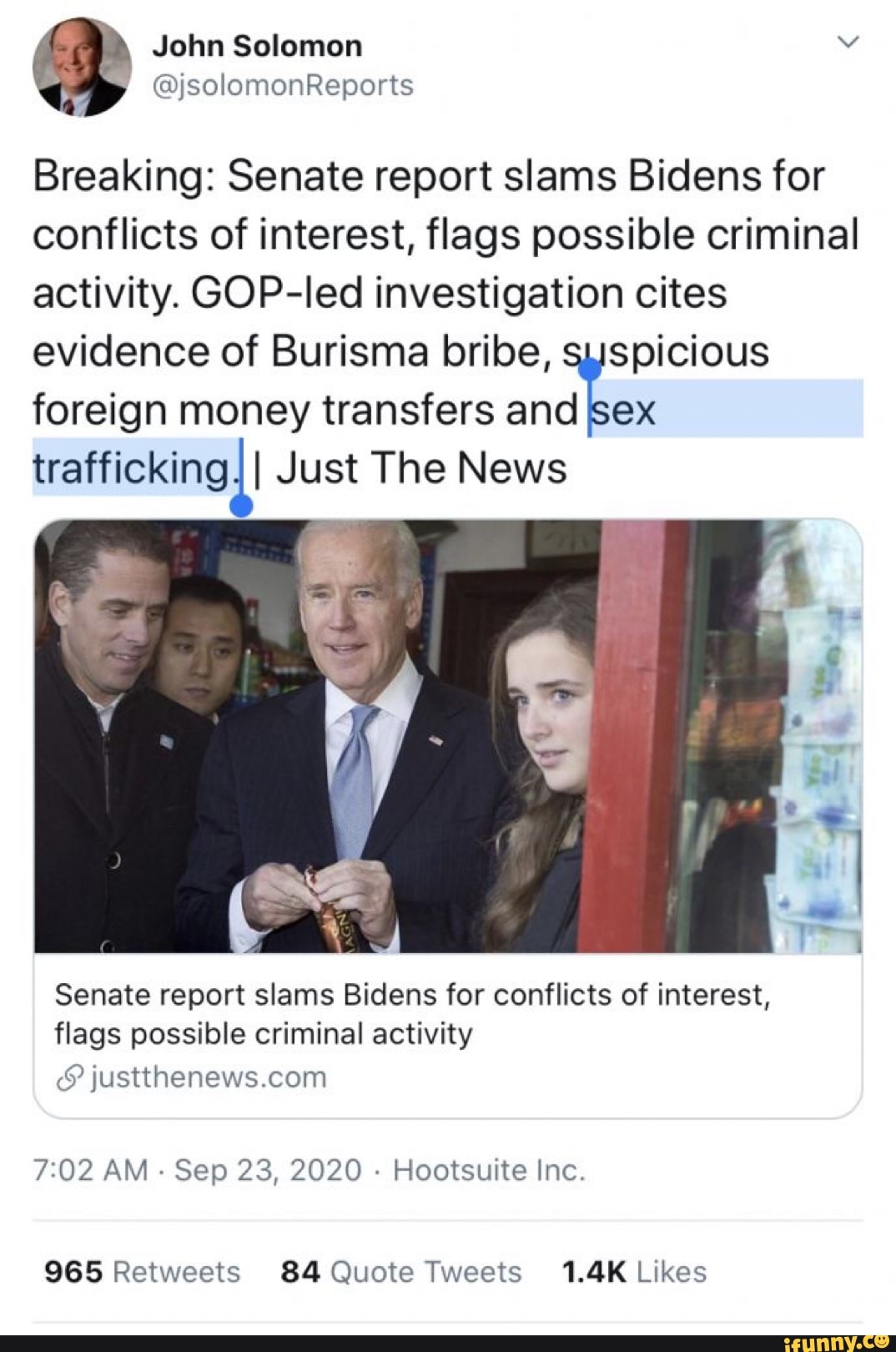 John Solomen @jsolomonReports Breaking: Senate report slams Bidens for  conflicts of interest, flags possible criminal activity.