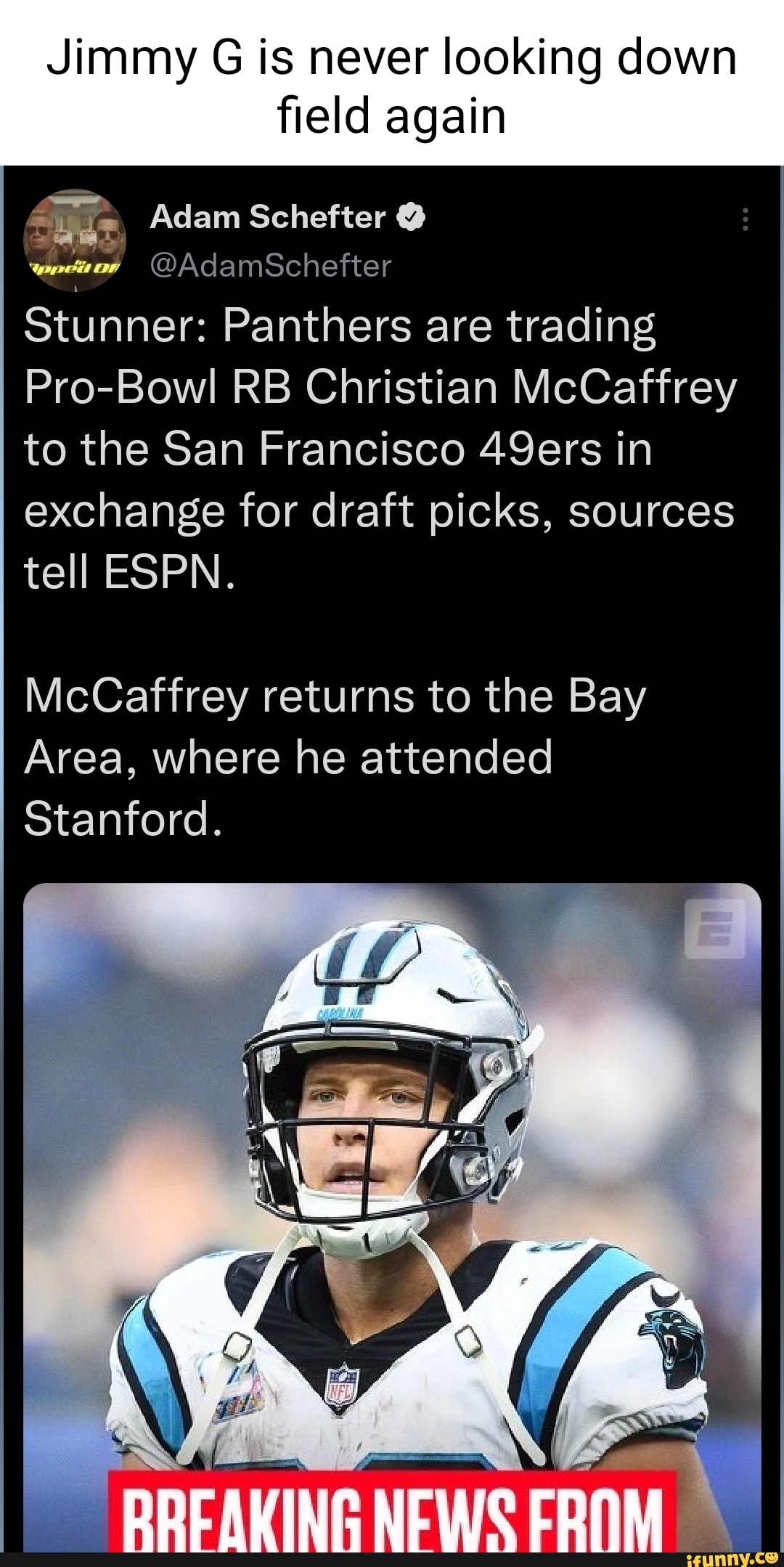 Stunner: Panthers are trading Pro-Bowl RB Christian McCaffrey to the San  Francisco 49ers in exchange for draft picks, sources tell ESPN. McCaffrey  returns to the Bay Area, where he attended Stanford. :