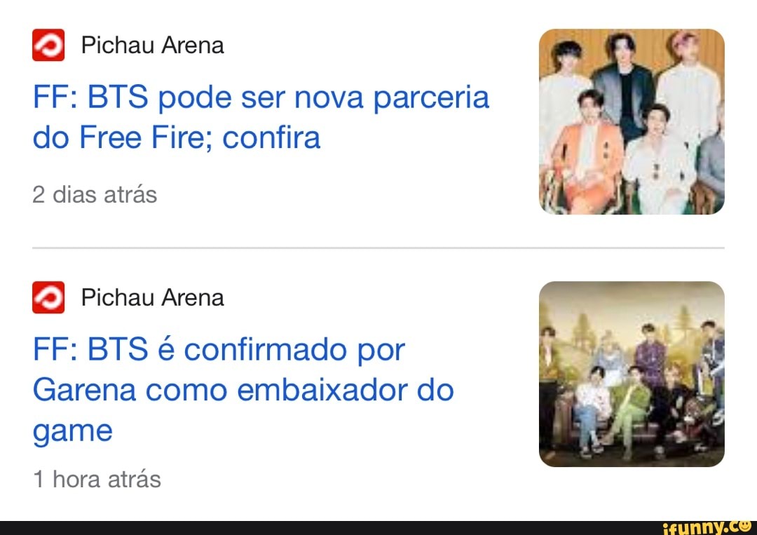 FF: BTS pode ser nova parceria do Free Pire; confira 2 dias atrás FF: BTS é  confirmado por Garena como embaixador do game 1 hora atrás - iFunny Brazil