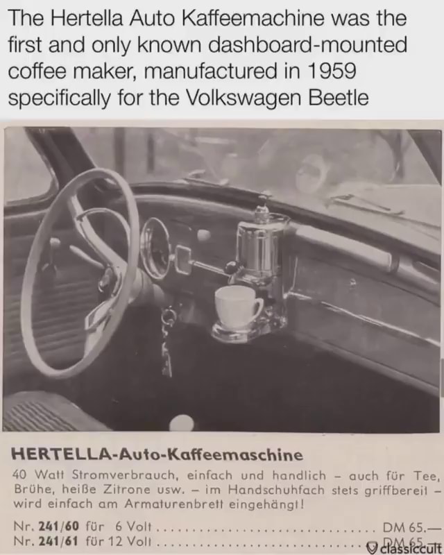 The Hertella Coffee Machine Mounted on a Volkswagen Dashboard