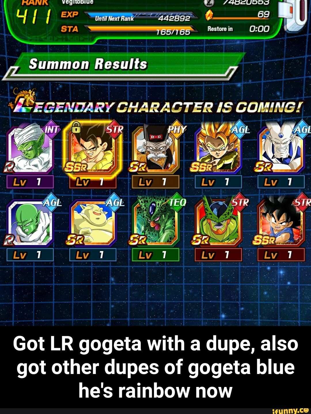 Summon Results E 7 Bzcxwmazr CHARACTER o Se Got LR gogeta with a