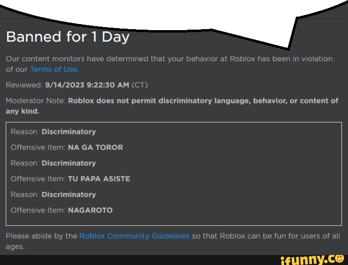 Eis que o ifunny chefe entra pra moderação do roblox: Moderator Note Roblox  does not permit