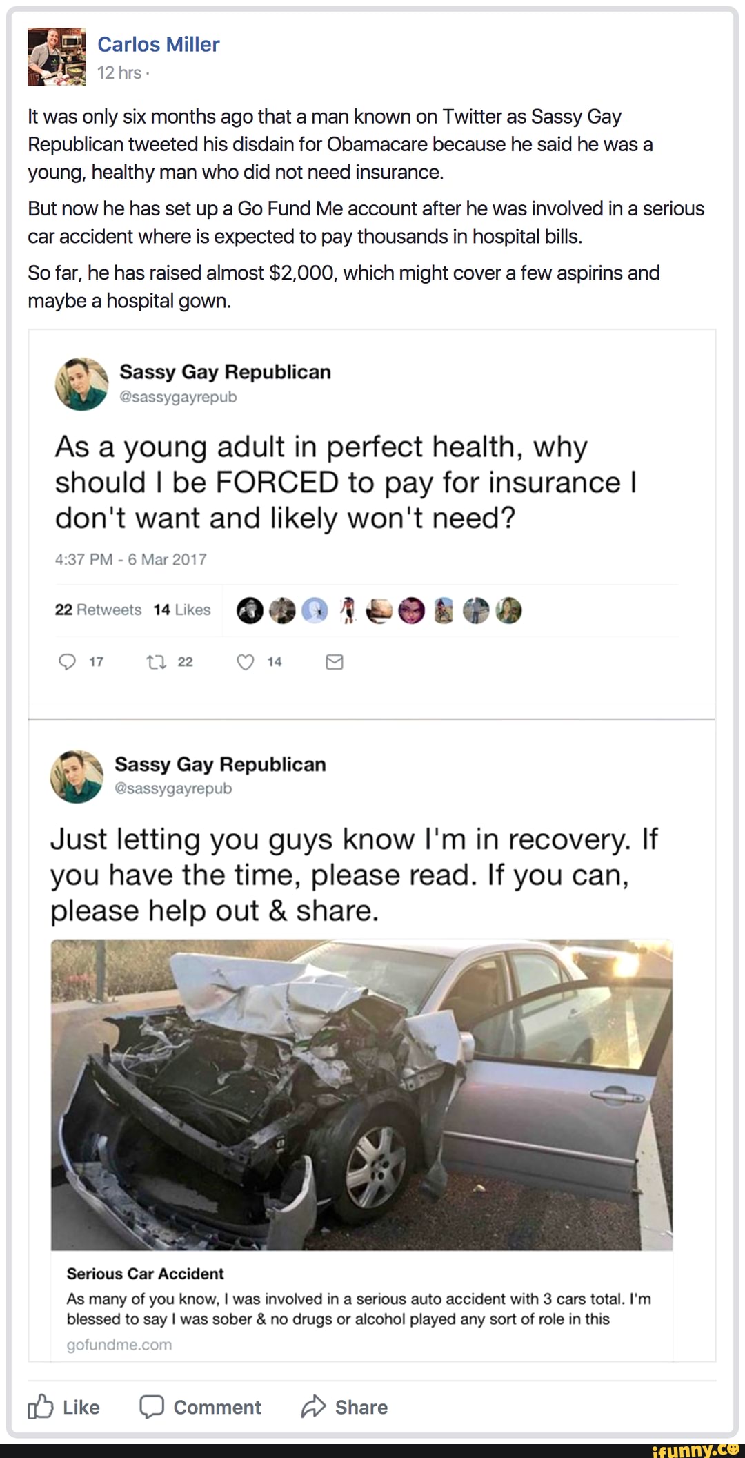 As per tradition, a conservative hypocrite eats his words. - Carlos Miller  It was only six months ago that a man known on Twitter as Sassy Gay  Republican tweeted his disdain for