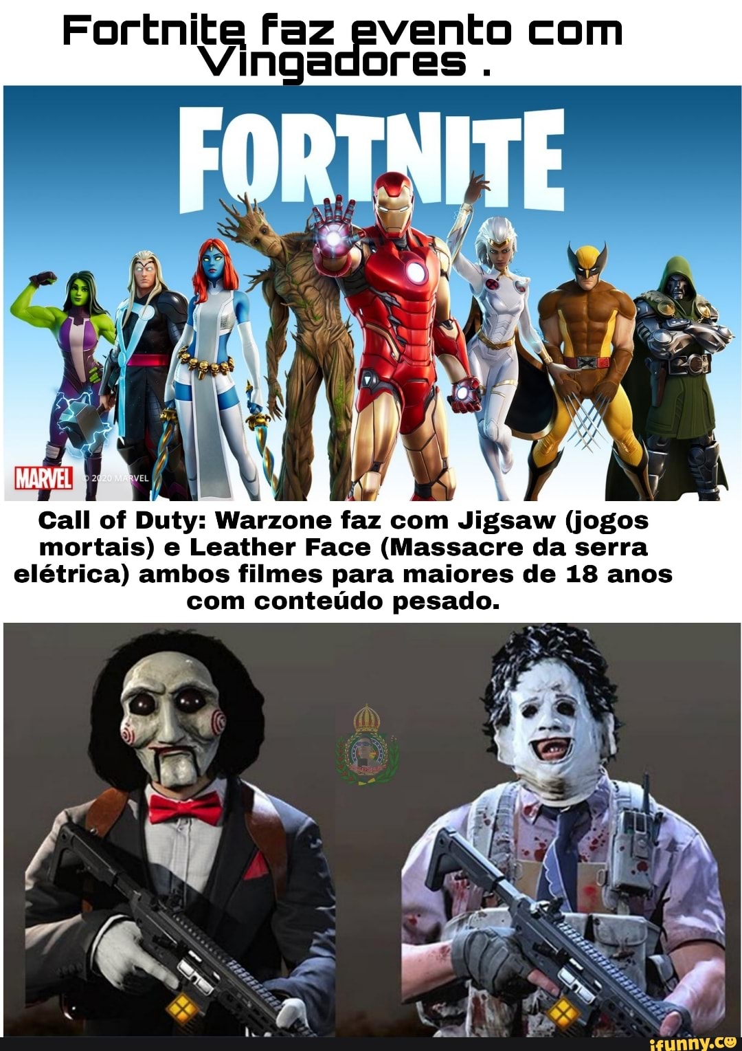 Fortnite faz evento com Vingadores . FORTAITE Call of Duty: Warzone faz com  Jigsaw (jogos mortais) e