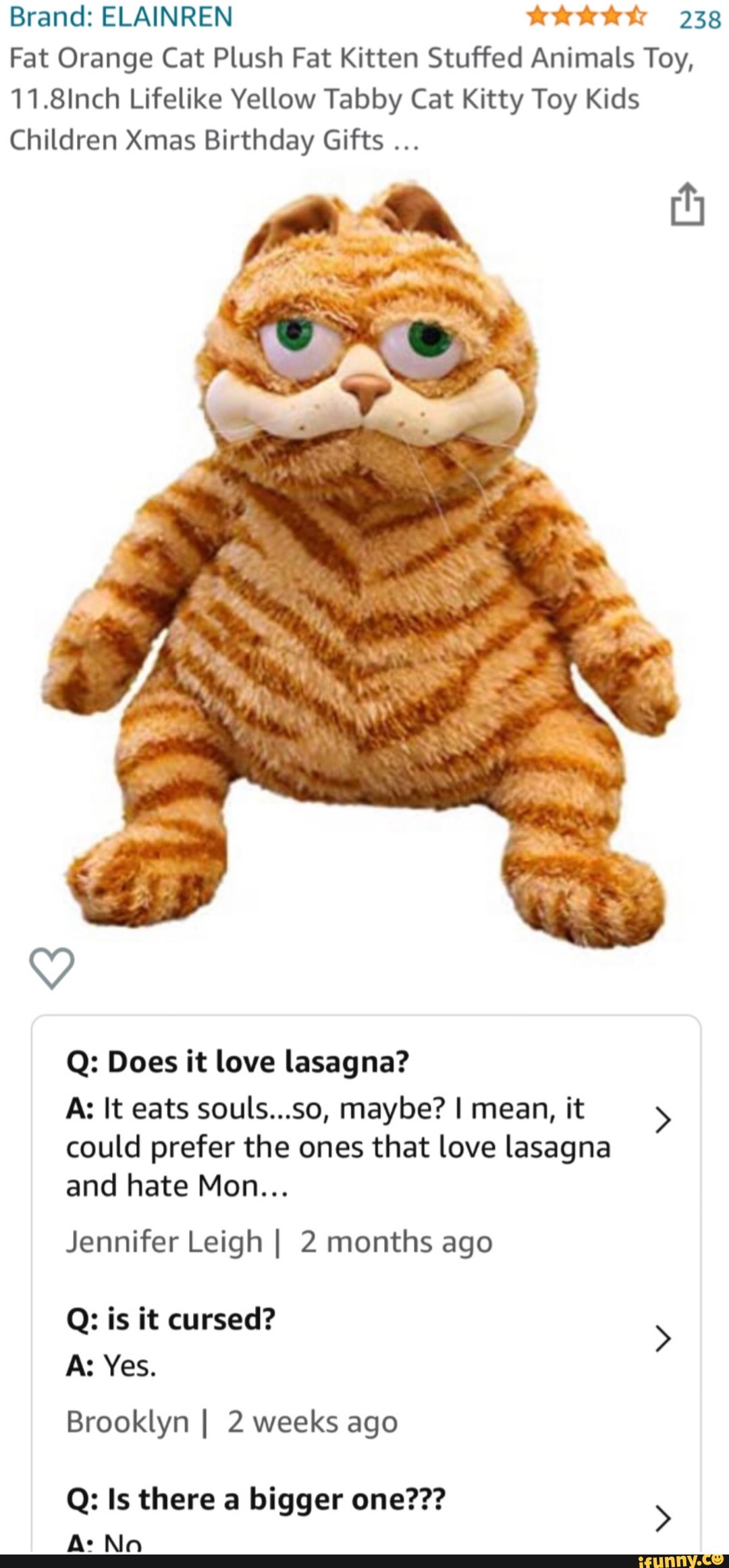 Gorefield strikes again Brand ELAINREN 238 Fat Orange Cat Plush