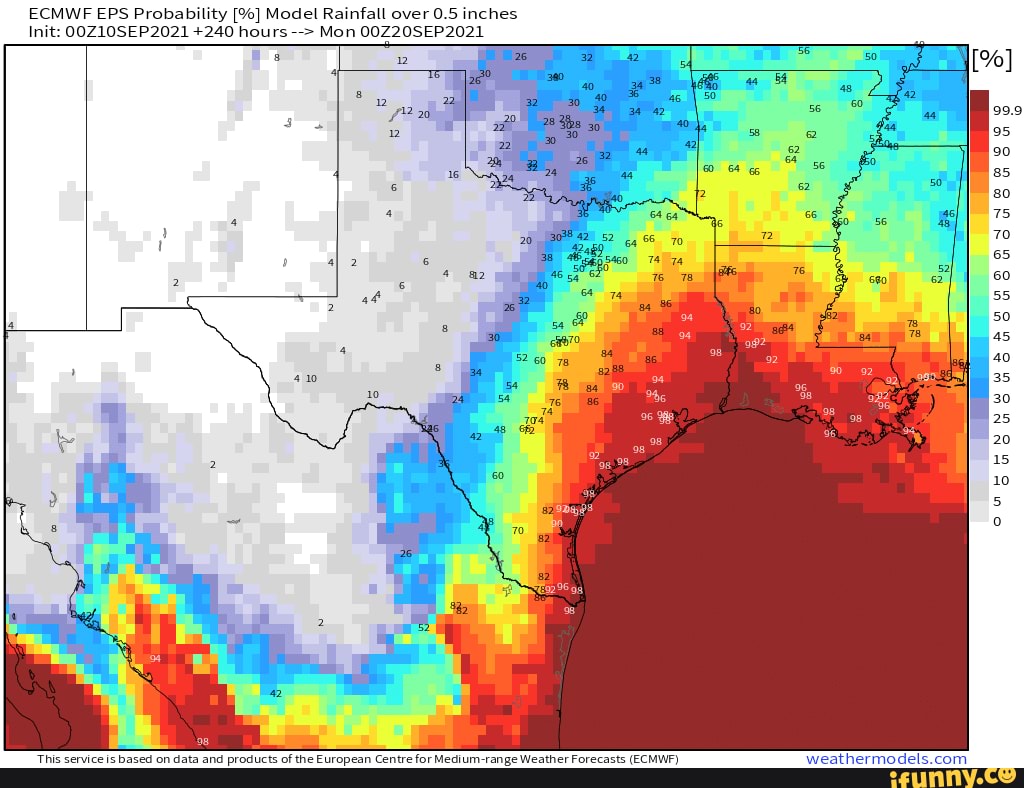 Probability Of Rainfall Over 0.5 Inches Through 10 Days   Sunday 19th 7 