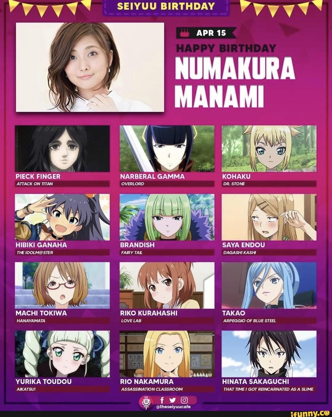 Vwwv SEIYUU BIRTHDAY APR 15 NUMAKURA MANAMI PIECK FINGER NARBERAL GAMMA  KOHAKU SAYAENDOU DAGASHI KASHI TAKAO ATTACK ON TITAN OVERLORD DR. STONE 