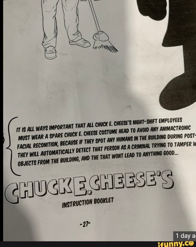 Tradução: Todos os funcionários noturnos da Chuck And Cheese's devem  vestir uma máscara para os animatrônicos não usarem o RECONHECIMENTO  FACIAL, porque se eles verem qualquer humano na pizzaria durante a noite