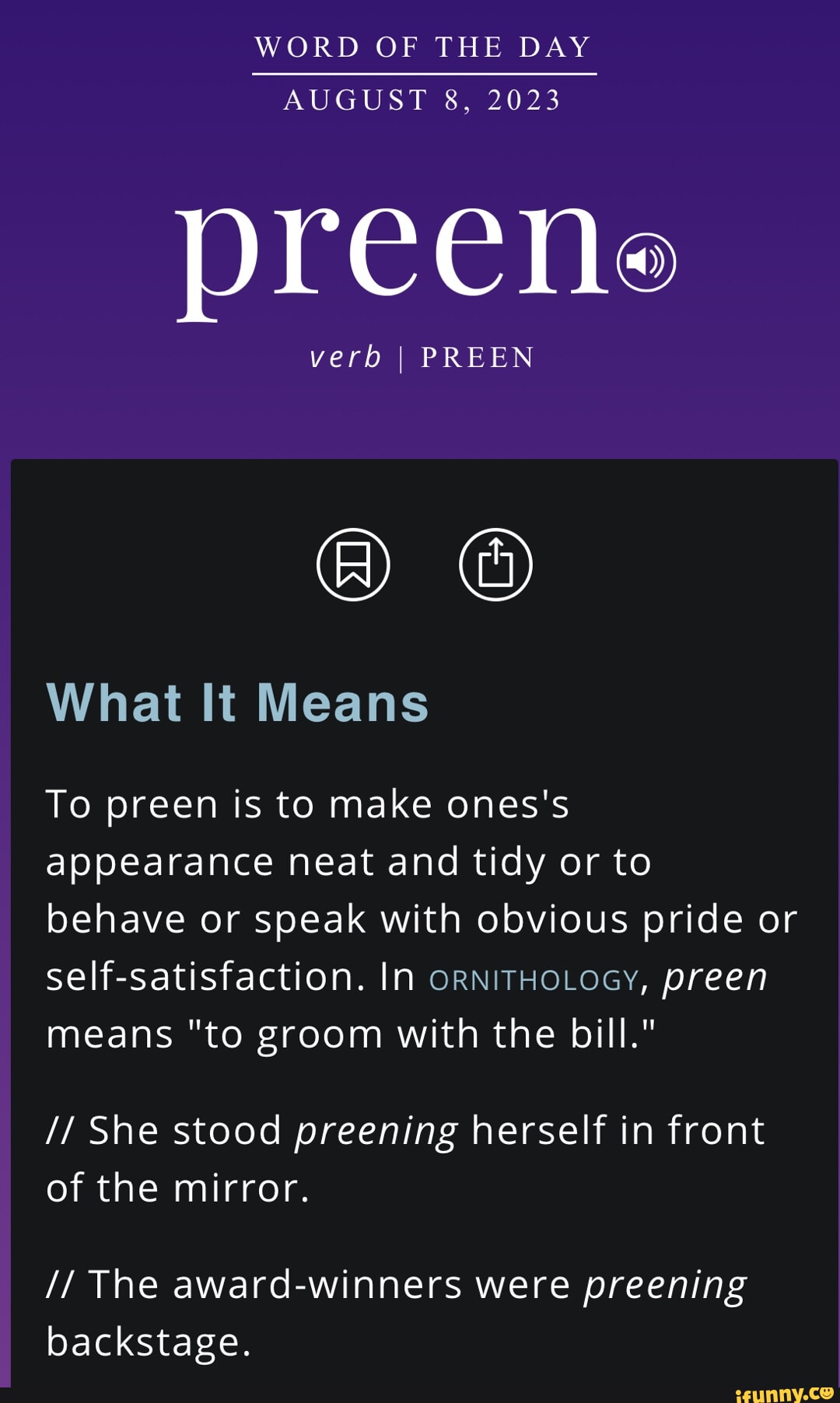 WORD OF THE DAY AUGUST 8, 2023 precne verb I PREEN What It Means To