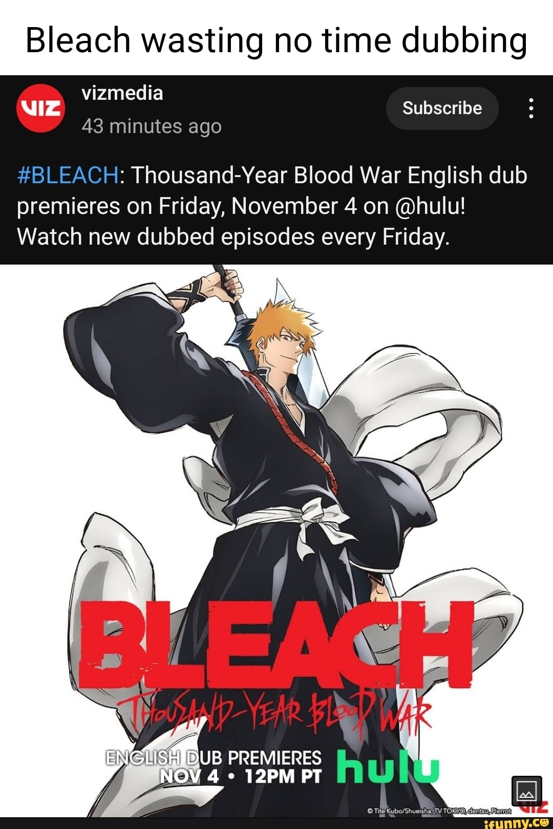 BLEACH: Thousand-Year Blood War English dub premieres on Friday, November 4  on @hulu! Watch new dubbed episodes every Friday. #Anime…