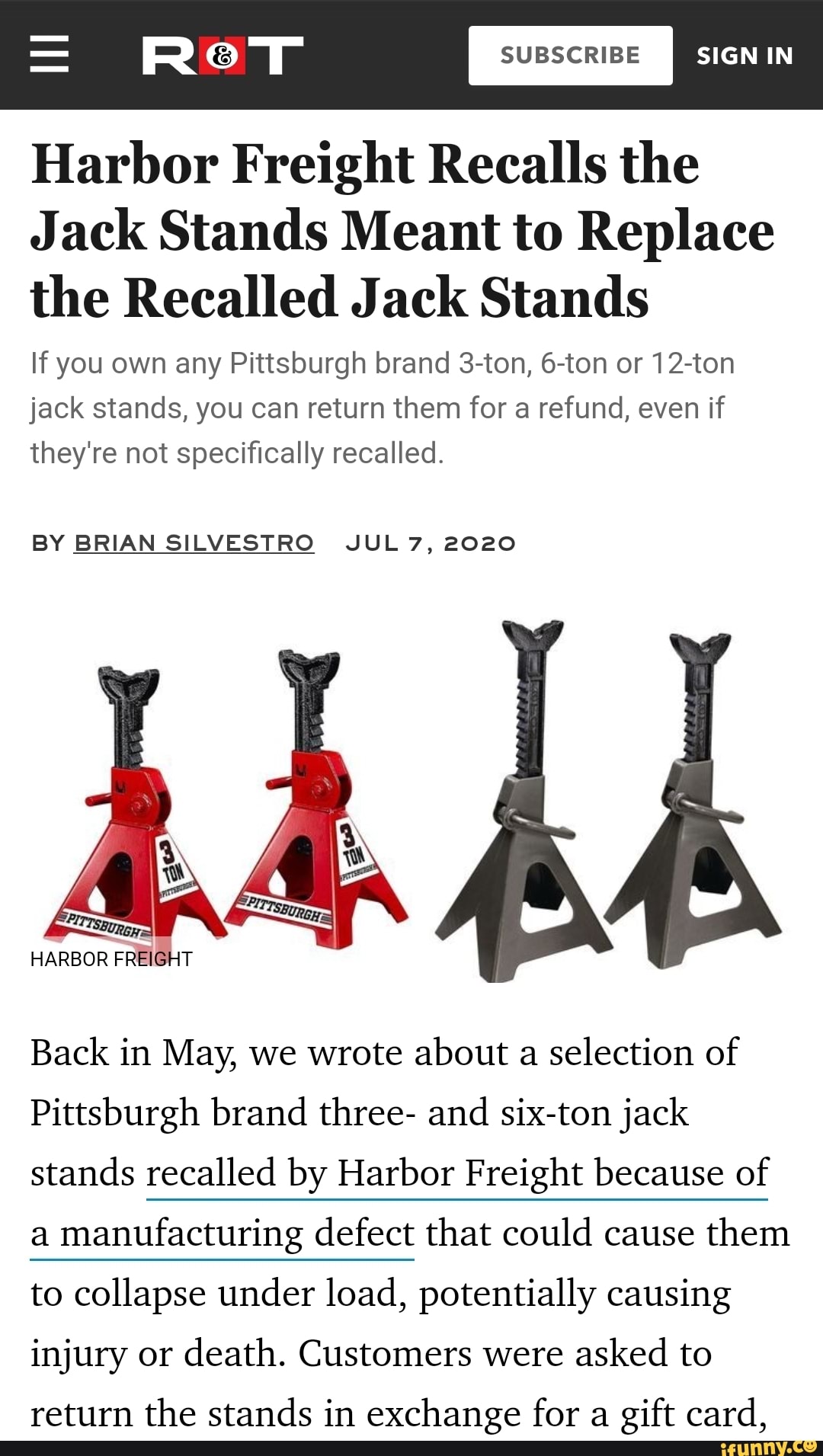 Harbor Freight Recalls Replacement Pittsburgh Jack Stands