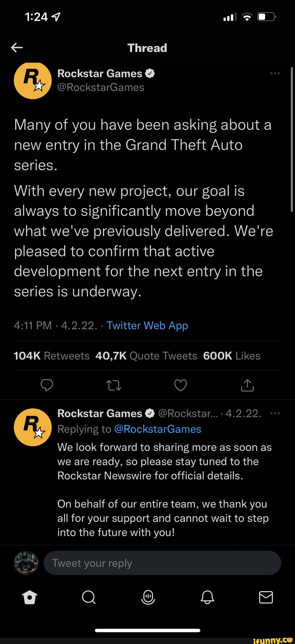 Rockstar tweet - al @ Thread Rockstar Games @RockstarGames Many of