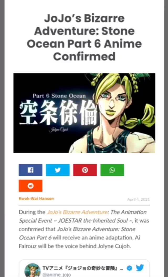 JOJO's Bizarre Adventure: Stone Ocean Part 6 Anime Key Visual Revealed