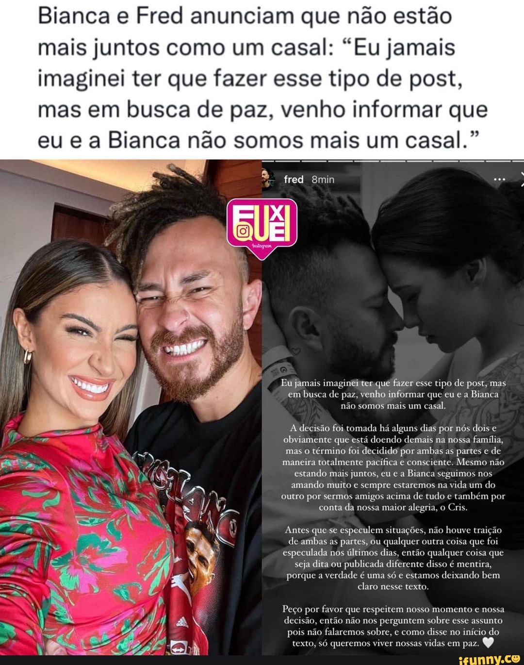 Bianca e Fred anunciam que não estão mais juntos como um casal: 