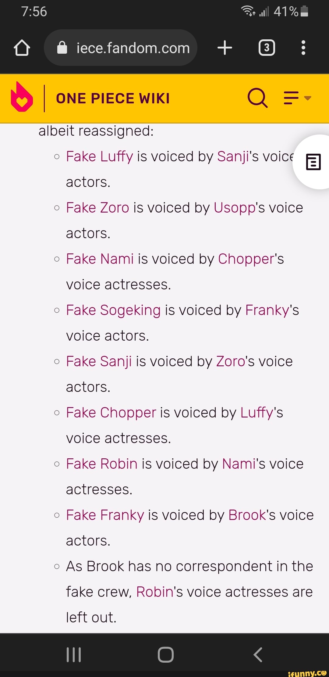 Al 41% tS) I ONE PIECE WiKI Q albeit reassigned: o Fake Luffy is voiced