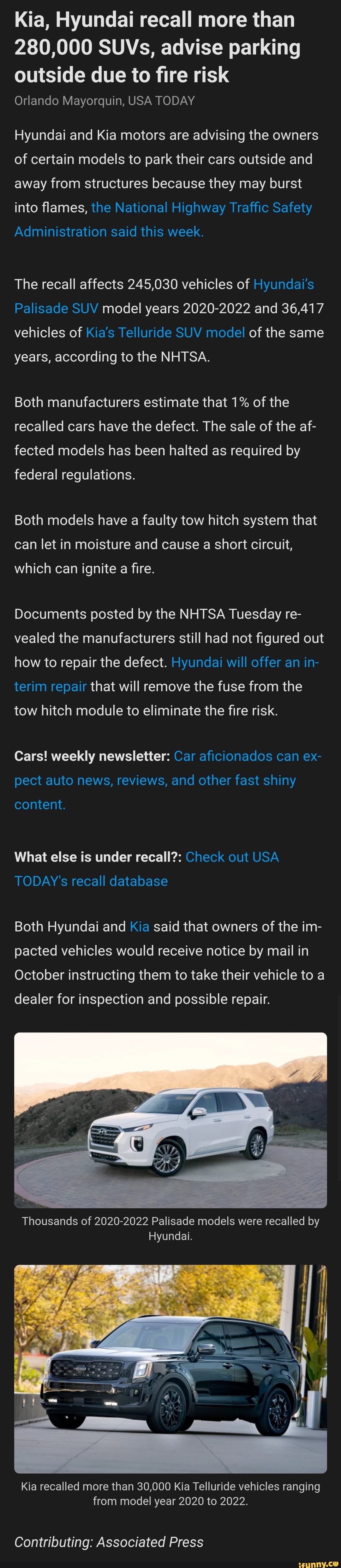 Hyundai Palisade, Kia Telluride SUVs recalled for increased fire