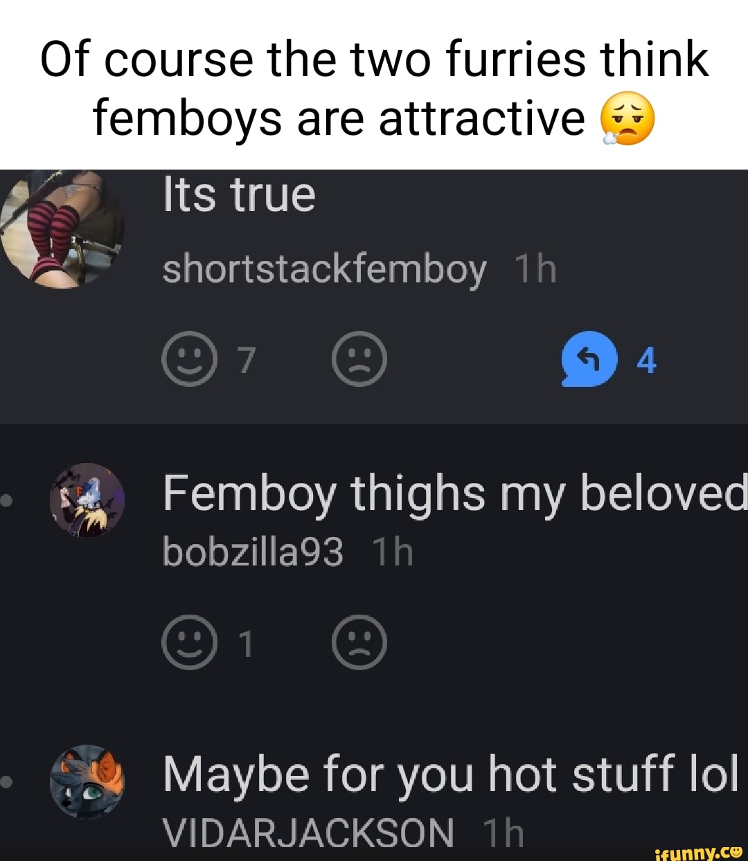 Of course the two furries think femlooys are attractive Its true  shoristackfemboy 7 4 Femboy thighs my beloved bobzilla93 Maybe for you hot  stuff lol VIDAR JACKSON Th - iFunny Brazil