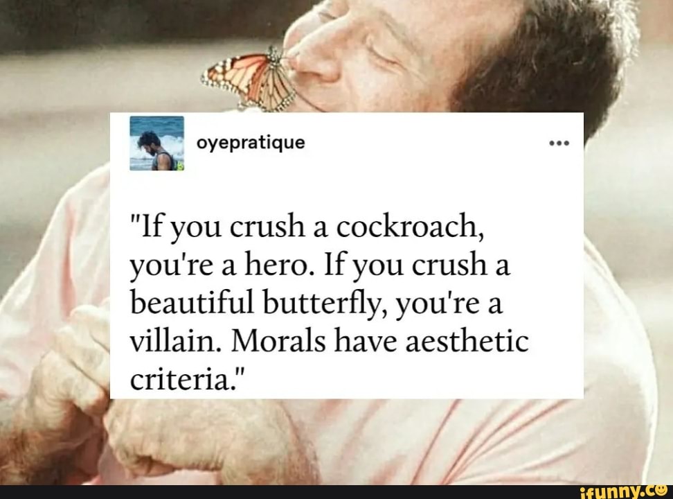 Translation: If you smash a cockroach, you're a hero. If you smash a  butterfly, you're a villain. Morality has an aesthetic criteria. :  r/im14andthisisdeep