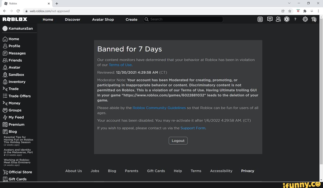 so i've been banned from roblox for 3 days and this is my avatar, i have  family on this account. : r/RobloxAvatars