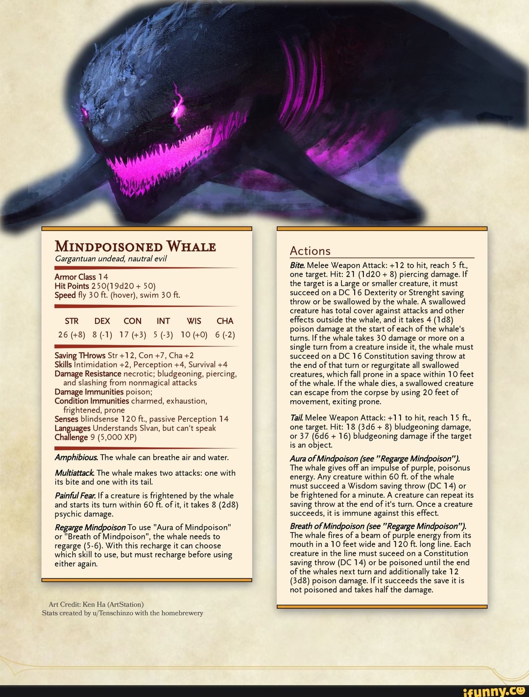MINDPOISONED WHALE Gargantuan undead, nautral evil Armor Class 14 Hit Points + 50) Speed fly 30