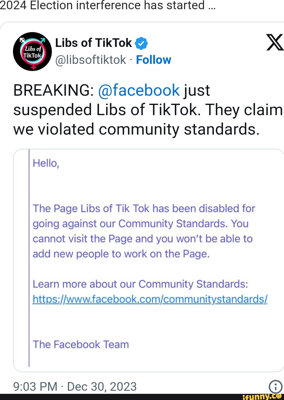2024 Election interference has started Ubs of TikTok @ XX @libsoftiktok  Follow BREAKING: @facebook just suspended Libs