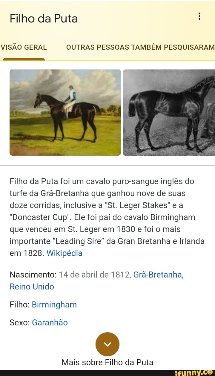 Filho da Puta Doo VISÃO GERAL OUTRAS PESSOAS TAMBÉM PESQUISARAM Filho da  Puta foi um cavalo