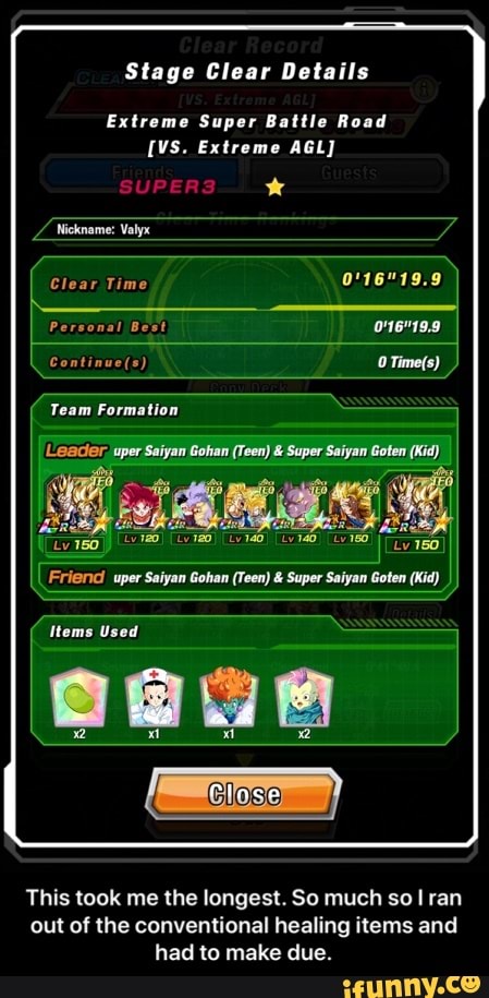 Stage Clear Details Extreme Super Battle Road VS. Extreme AGL