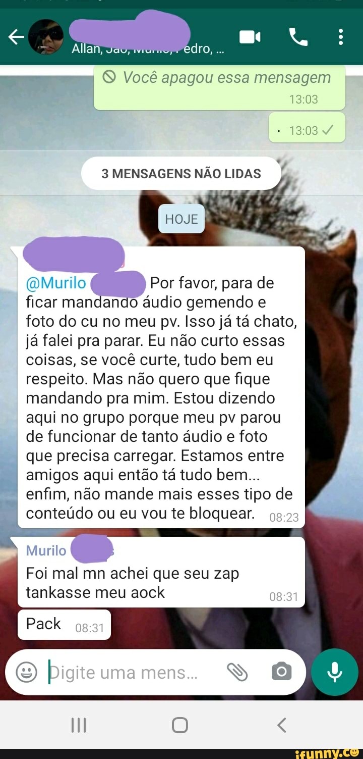 Você apagou essa mensagem MENSAGENS NÃO LIDAS HOJE Por favor, para de ficar  mandando áudio gemendo