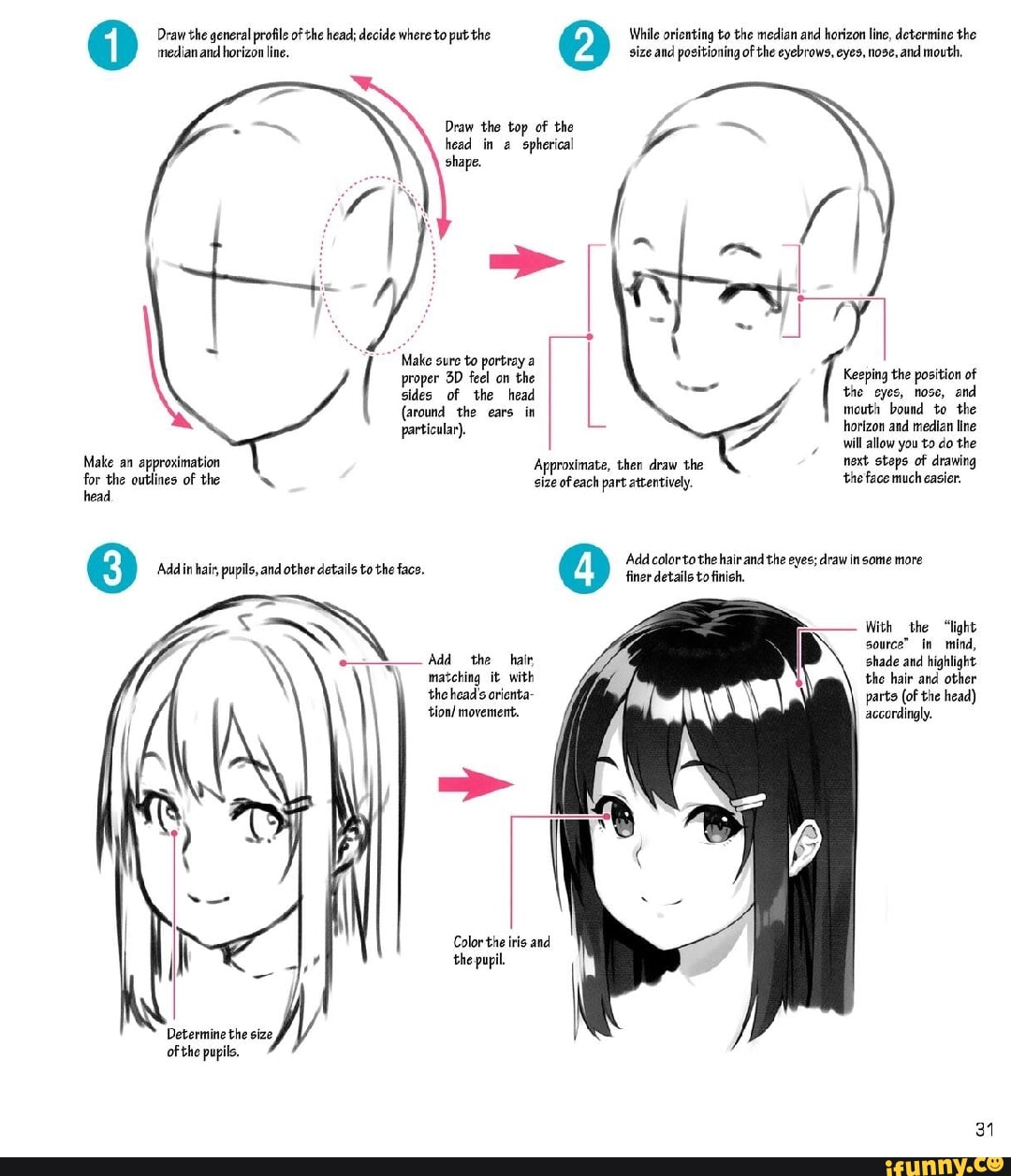 Median and horizon line. size and positioning of the eyebrows, eyes ...